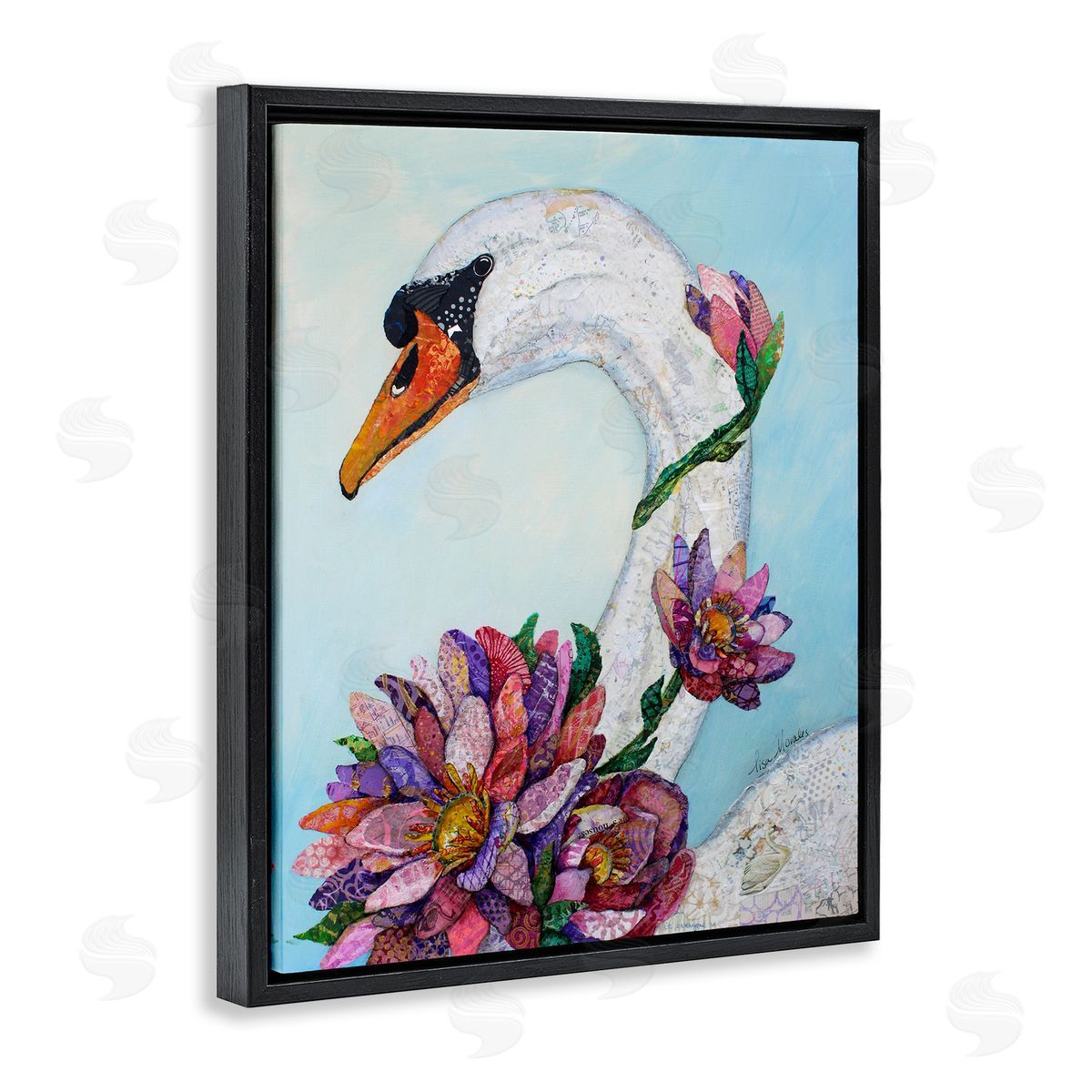 Lisa Morales Swan Bird Vivid Lotus Flower Blossoms  Black Floating Frame Canvas Wall Art Print