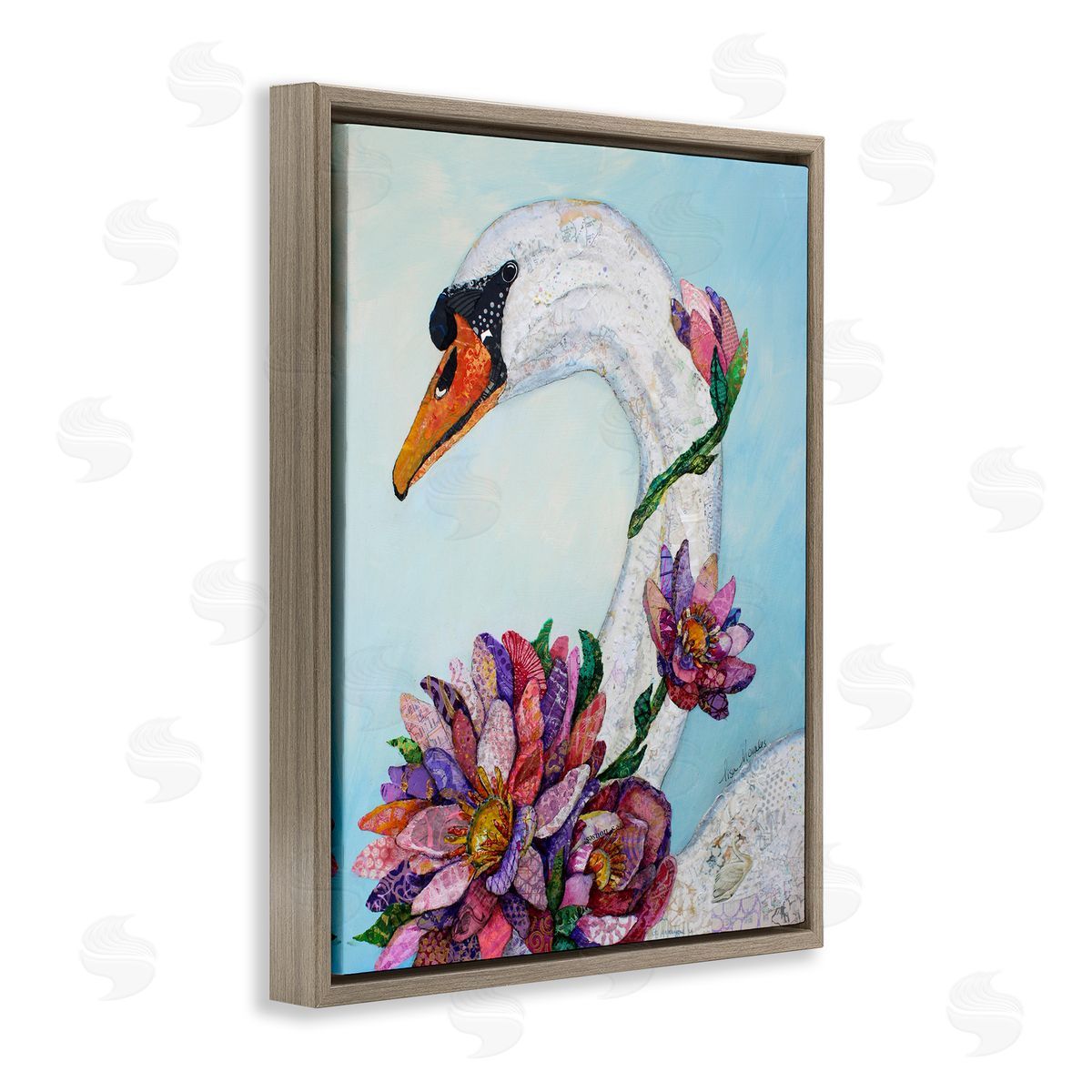 Lisa Morales Swan Bird Vivid Lotus Flower Blossoms  Brown Floating Frame Canvas Wall Art Print