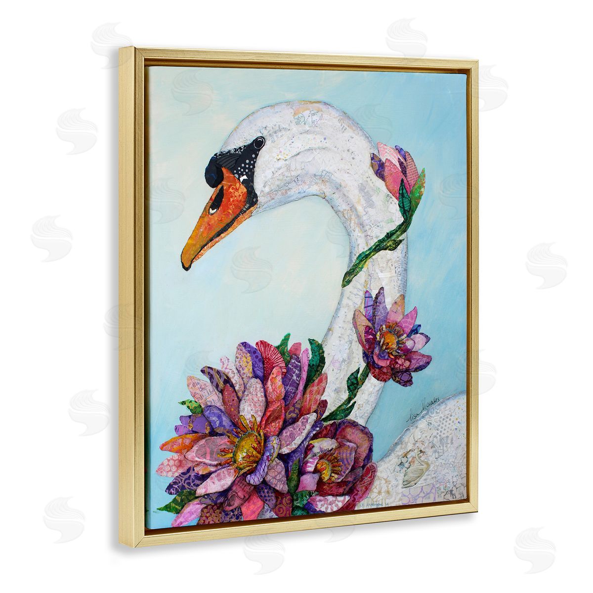 Lisa Morales Swan Bird Vivid Lotus Flower Blossoms  Gold Floating Frame Canvas Wall Art Print