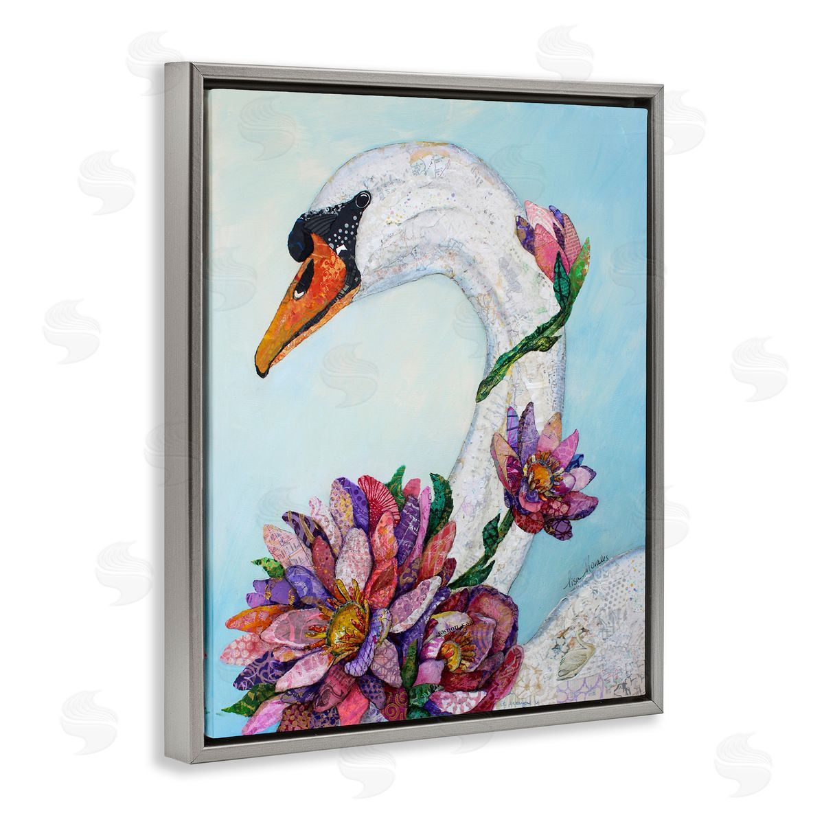 Lisa Morales Swan Bird Vivid Lotus Flower Blossoms  Gray Floating Frame Canvas Wall Art Print