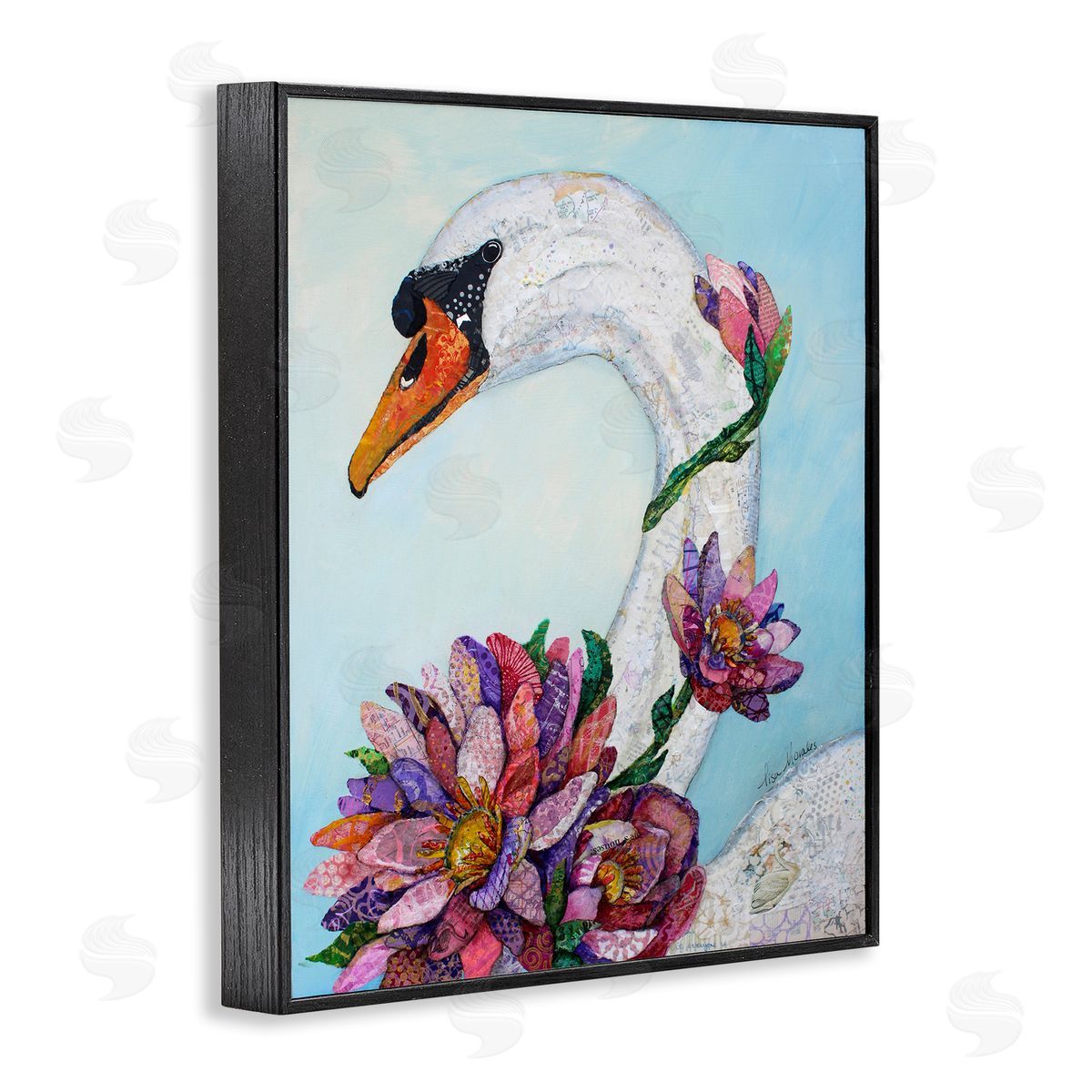 Lisa Morales Swan Bird Vivid Lotus Flower Blossoms  Black Framed Giclee Wall Art Print