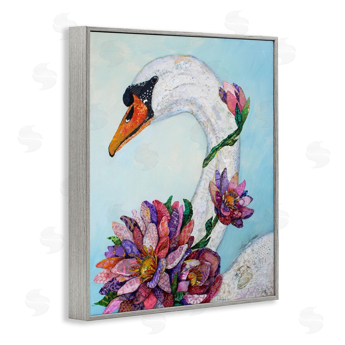 Lisa Morales Swan Bird Vivid Lotus Flower Blossoms  Gray Framed Giclee Wall Art Print