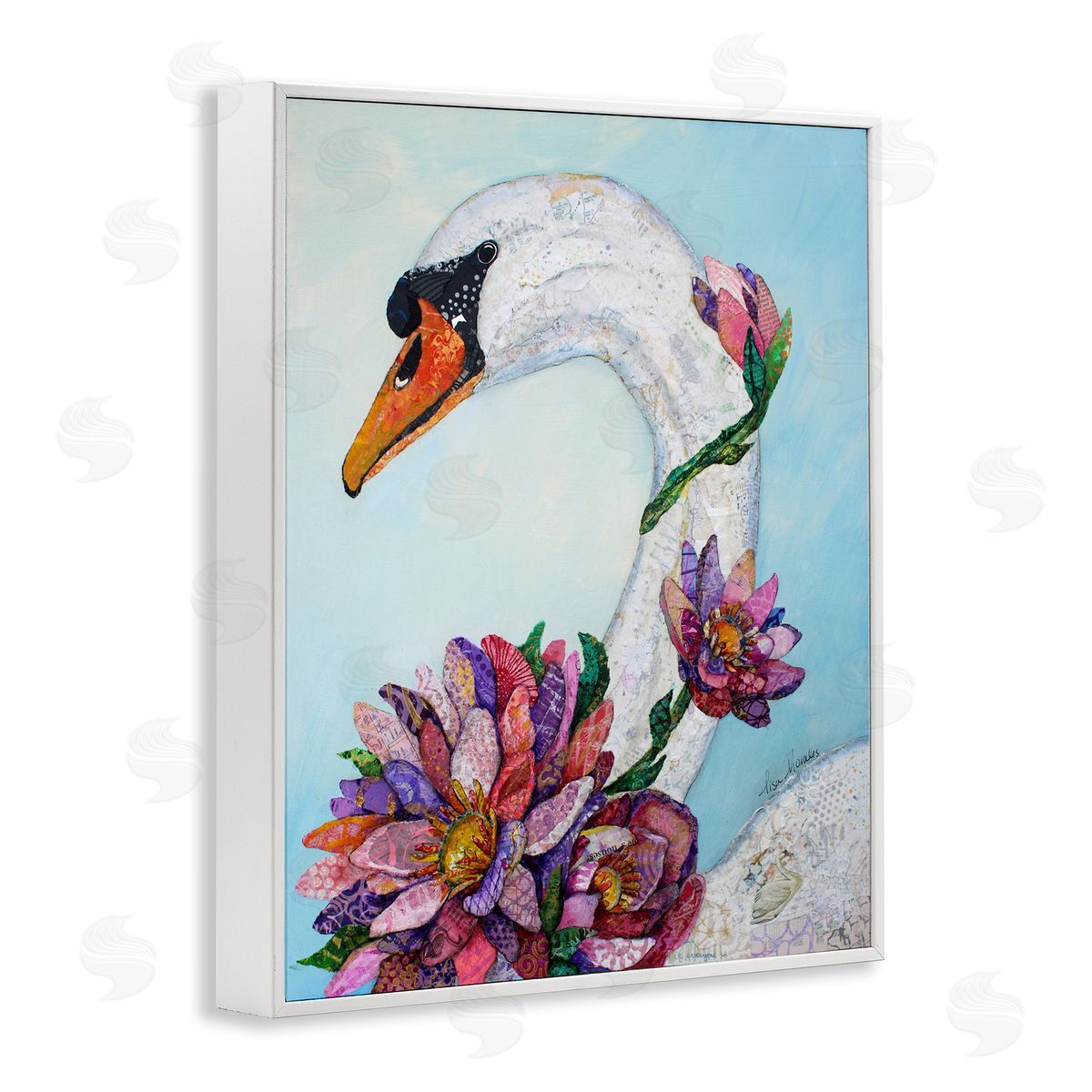 Lisa Morales Swan Bird Vivid Lotus Flower Blossoms  White Framed Giclee Wall Art Print