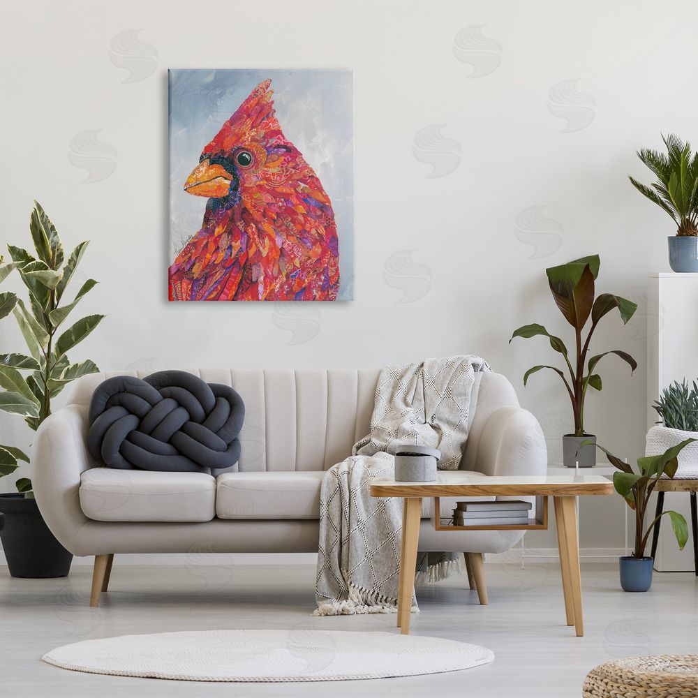 Lisa Morales The Messenger Red Cardinal Layered Bird Painting Canvas Wall Art Print in Room