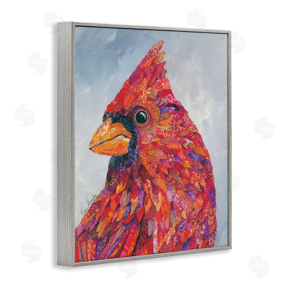 Lisa Morales The Messenger Red Cardinal Layered Bird Painting Gray Framed Giclee Wall Art Print