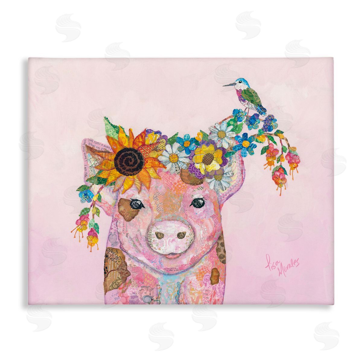 Lisa Morales Floral Pink Little Piggy & Bird Animal  Stretched Canvas Wall Art Print