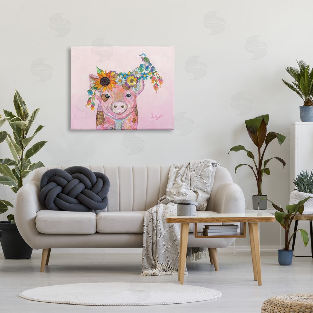 Lisa Morales Floral Pink Little Piggy & Bird Animal  Canvas Wall Art Print in Room