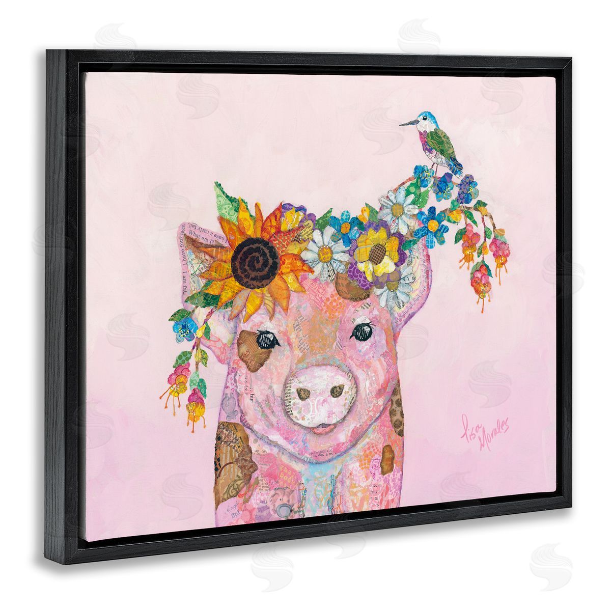 Lisa Morales Floral Pink Little Piggy & Bird Animal  Black Floating Frame Canvas Wall Art Print