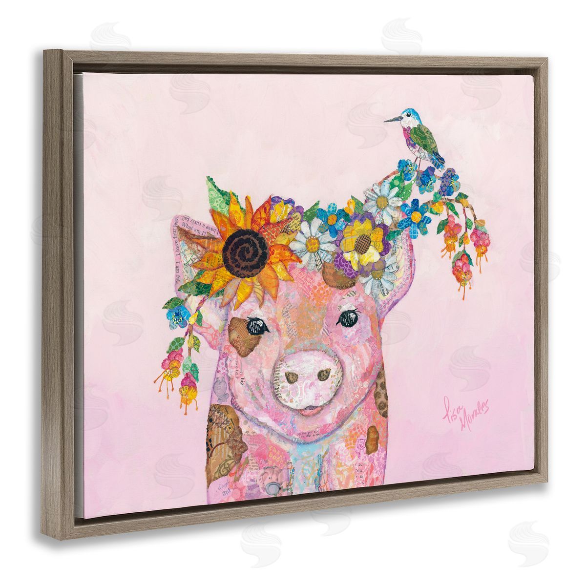 Lisa Morales Floral Pink Little Piggy & Bird Animal  Brown Floating Frame Canvas Wall Art Print
