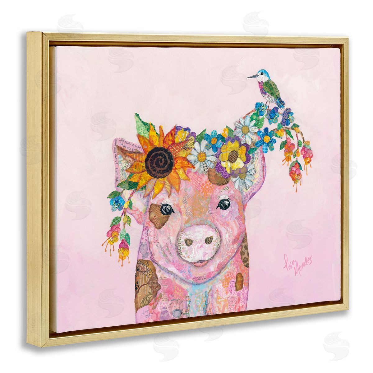 Lisa Morales Floral Pink Little Piggy & Bird Animal  Gold Floating Frame Canvas Wall Art Print