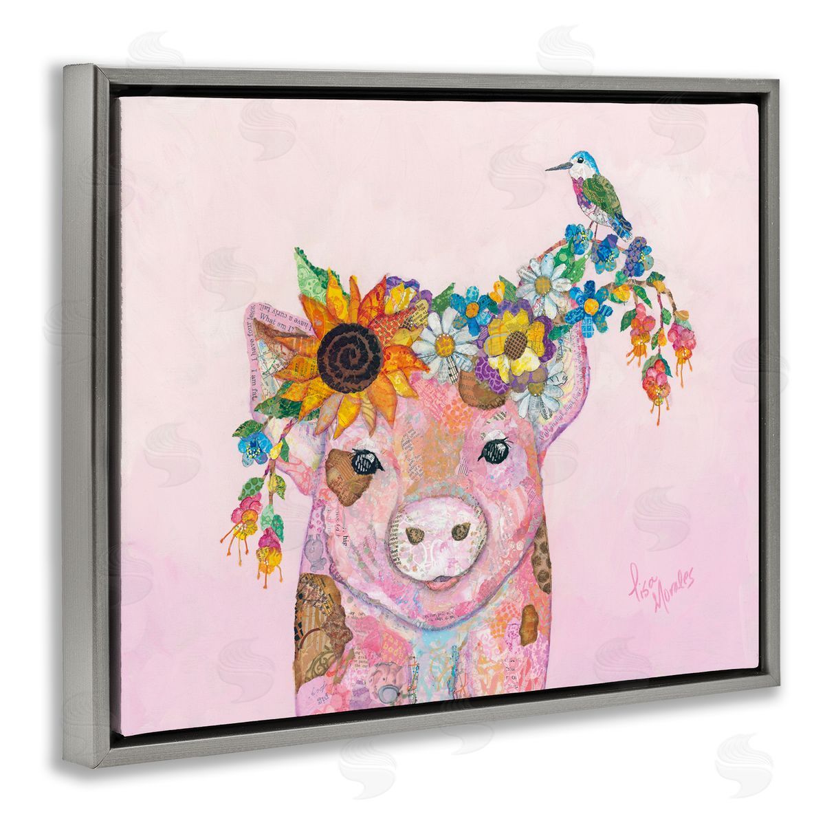 Lisa Morales Floral Pink Little Piggy & Bird Animal  Gray Floating Frame Canvas Wall Art Print