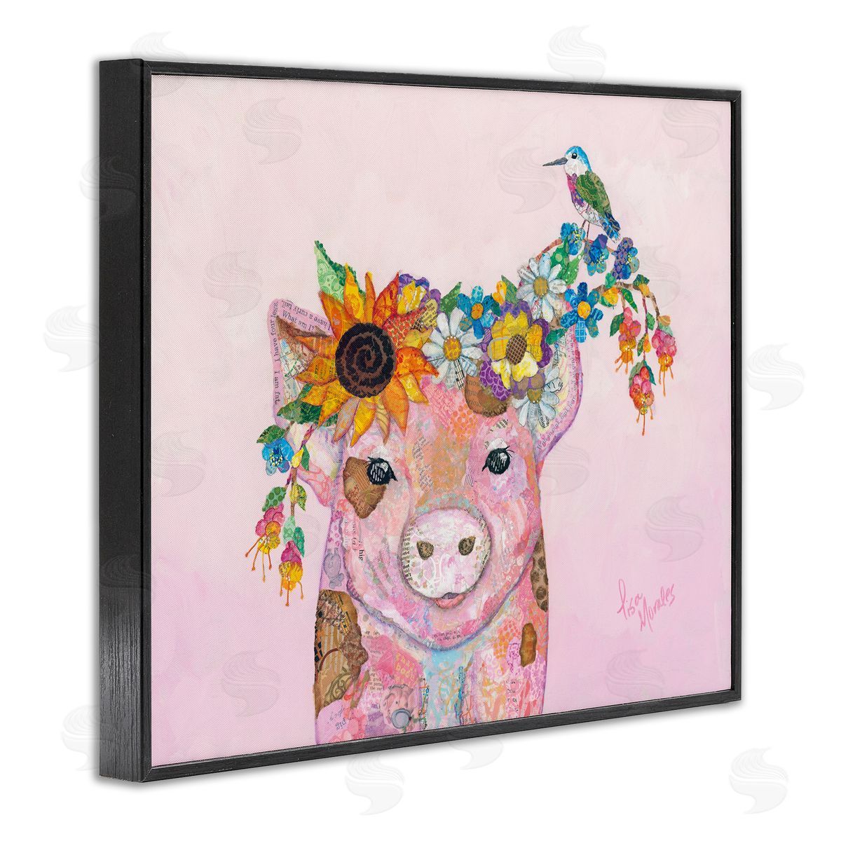 Lisa Morales Floral Pink Little Piggy & Bird Animal  Black Framed Giclee Wall Art Print
