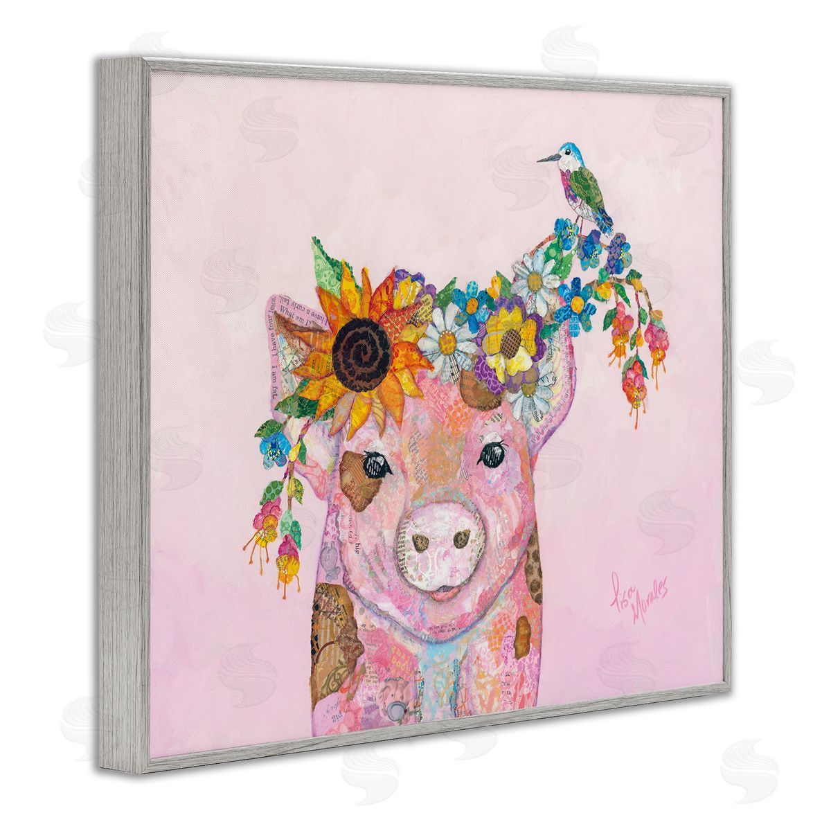 Lisa Morales Floral Pink Little Piggy & Bird Animal  Gray Framed Giclee Wall Art Print