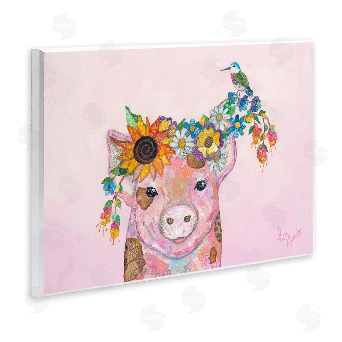 Lisa Morales Floral Pink Little Piggy & Bird Animal  Wall Plaque Art Print