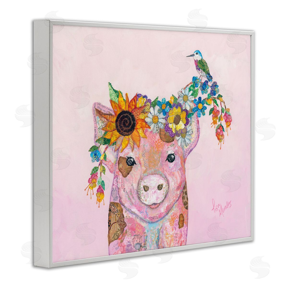 Lisa Morales Floral Pink Little Piggy & Bird Animal  White Framed Giclee Wall Art Print