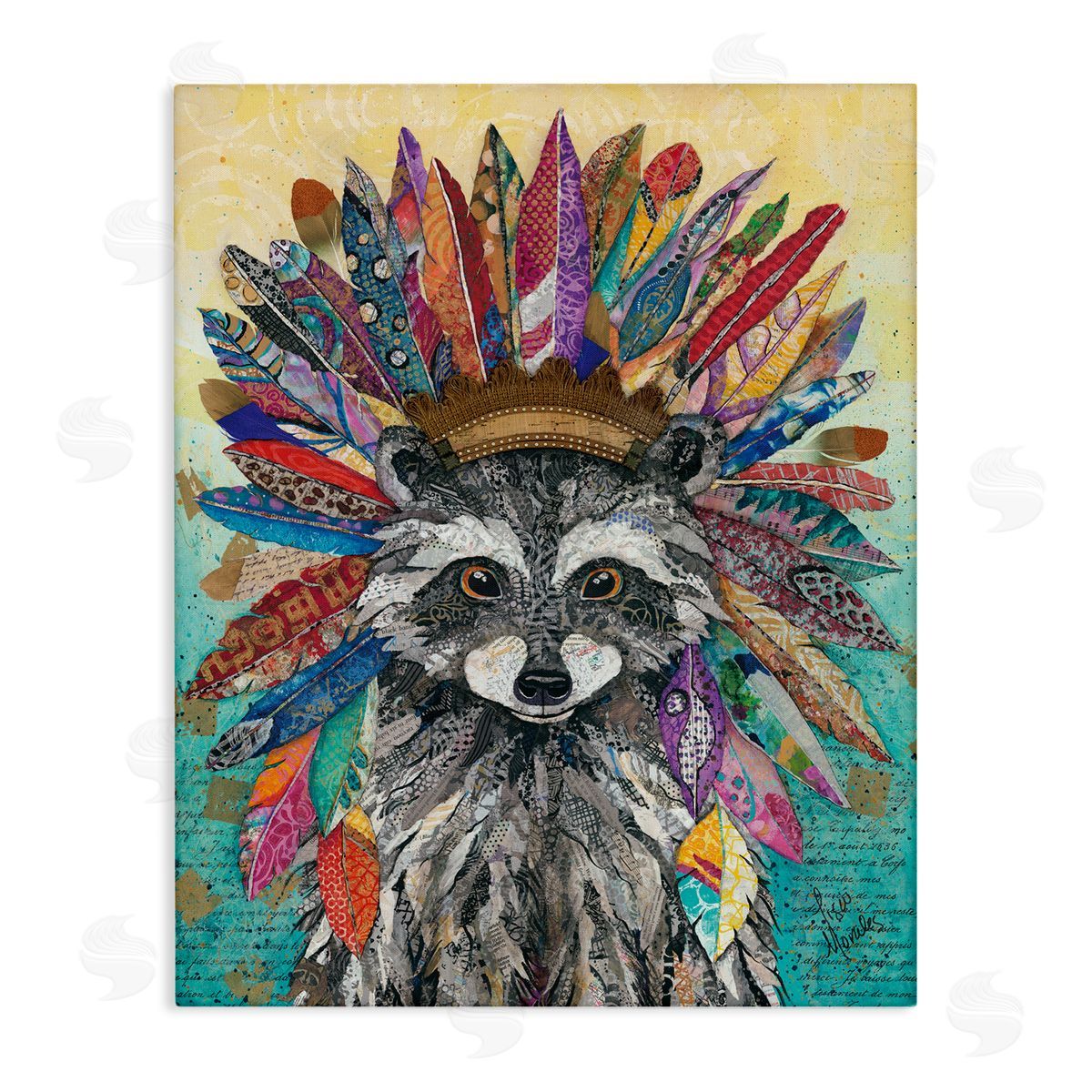 Lisa Morales Bold Tribal Raccoon Mixed Ephemera Painting Stretched Canvas Wall Art Print