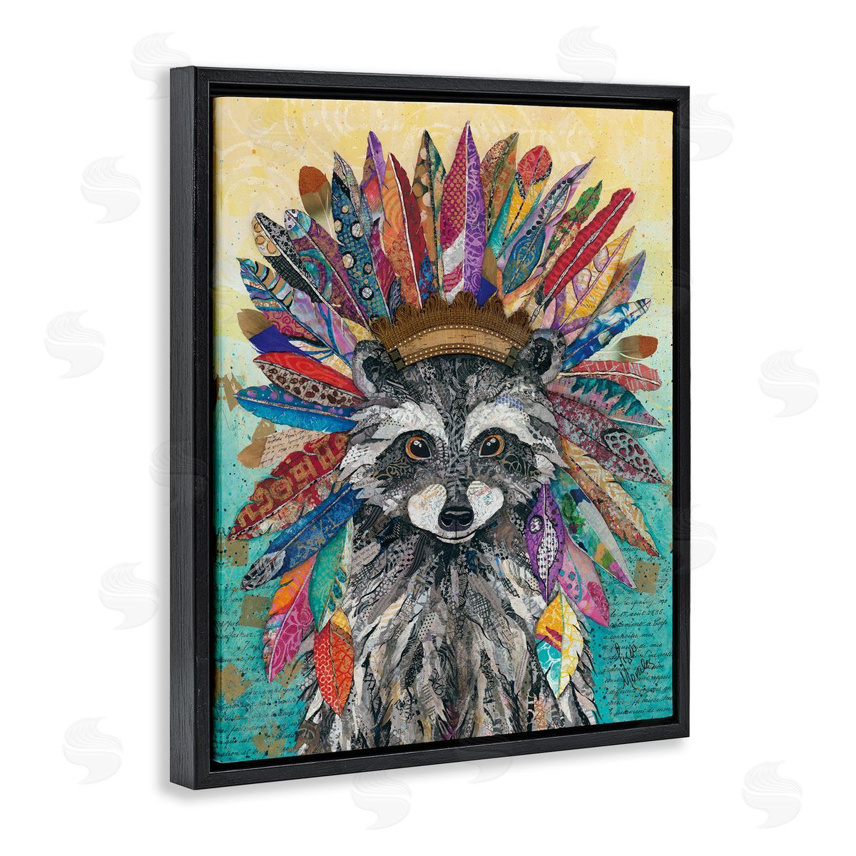 Lisa Morales Bold Tribal Raccoon Mixed Ephemera Painting Black Floating Frame Canvas Wall Art Print