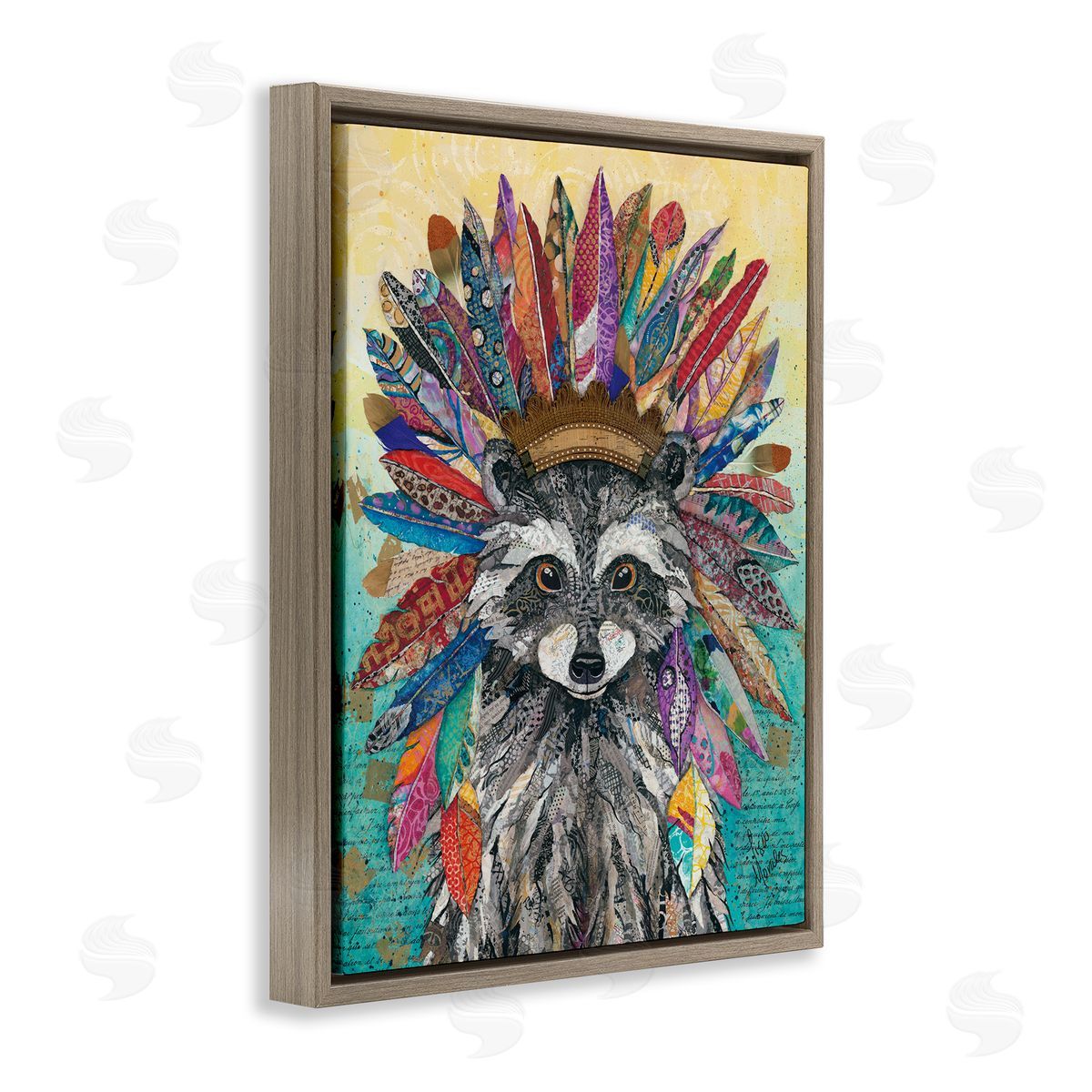 Lisa Morales Bold Tribal Raccoon Mixed Ephemera Painting Brown Floating Frame Canvas Wall Art Print