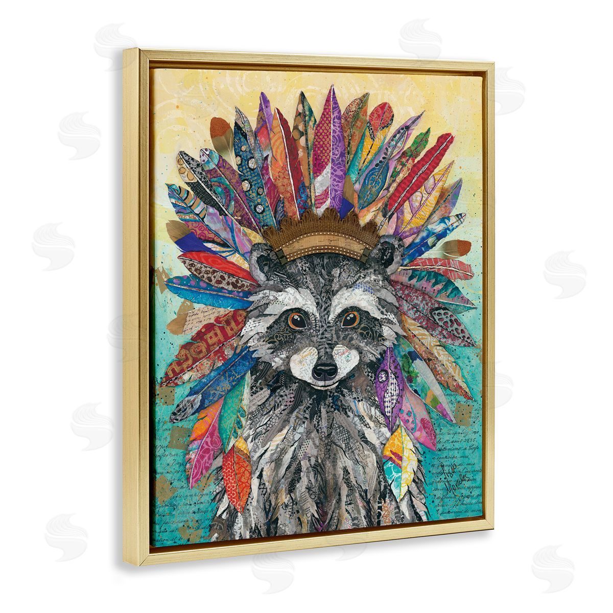 Lisa Morales Bold Tribal Raccoon Mixed Ephemera Painting Gold Floating Frame Canvas Wall Art Print