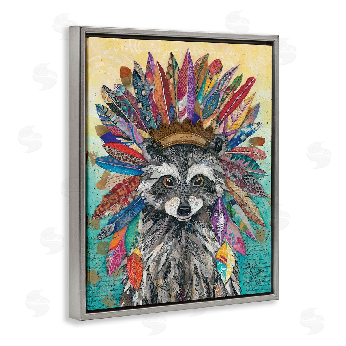 Lisa Morales Bold Tribal Raccoon Mixed Ephemera Painting Gray Floating Frame Canvas Wall Art Print