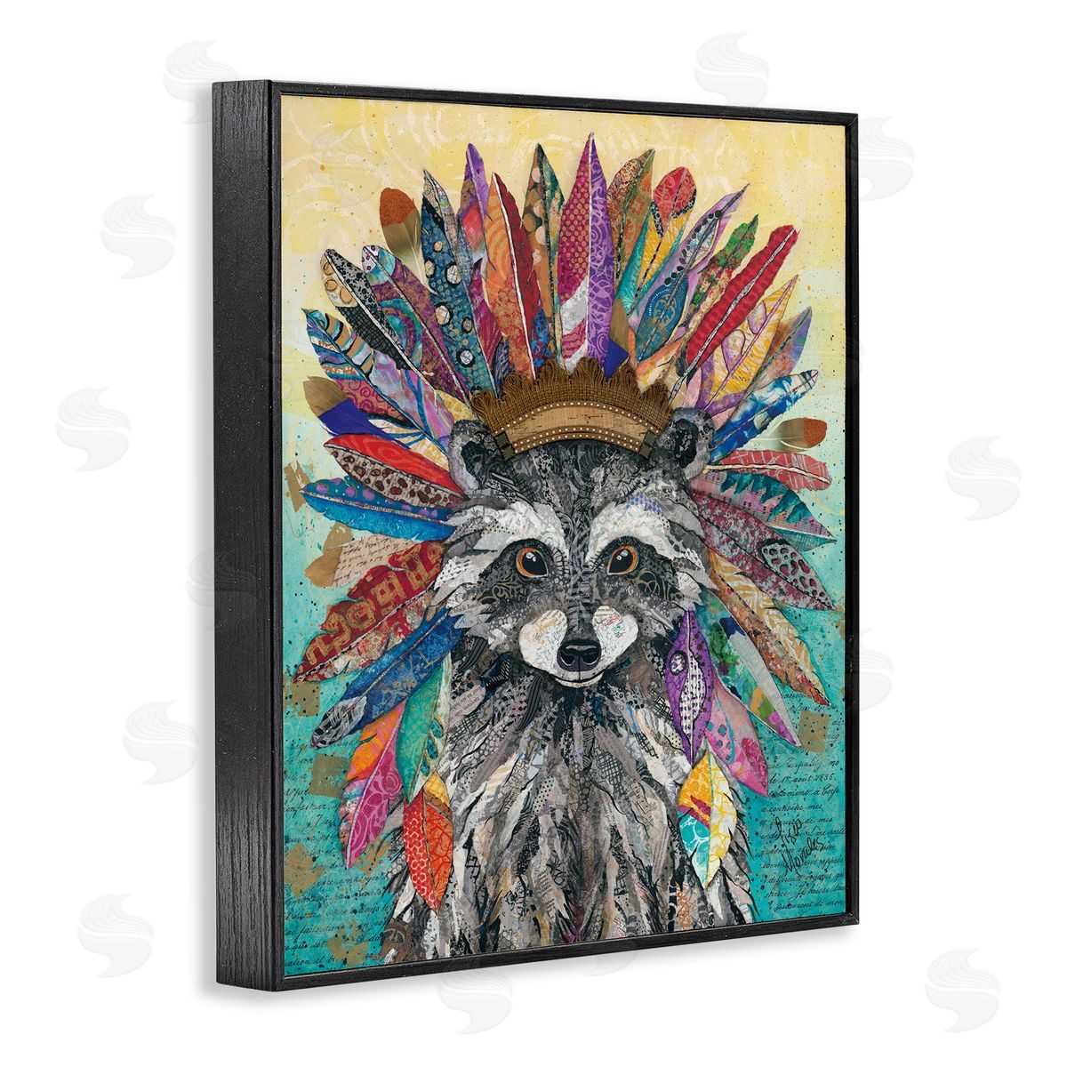 Lisa Morales Bold Tribal Raccoon Mixed Ephemera Painting Black Framed Giclee Wall Art Print