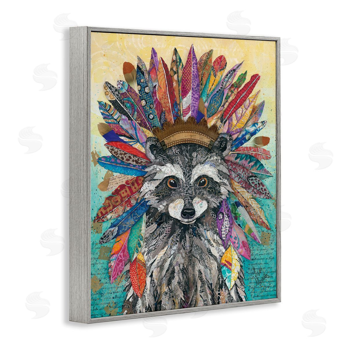 Lisa Morales Bold Tribal Raccoon Mixed Ephemera Painting Gray Framed Giclee Wall Art Print
