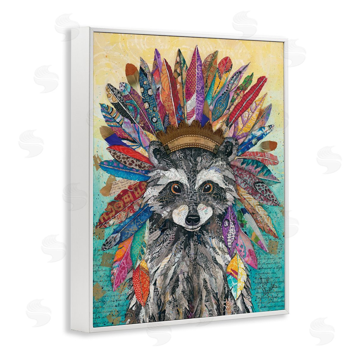Lisa Morales Bold Tribal Raccoon Mixed Ephemera Painting White Framed Giclee Wall Art Print