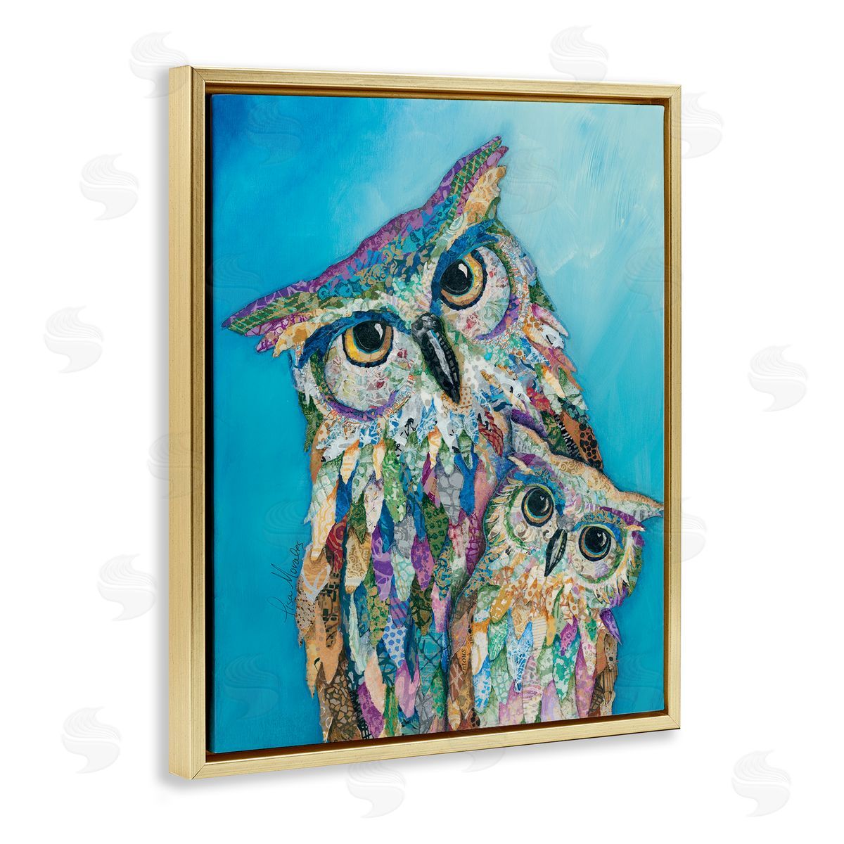 Lisa Morales Pair Wise Owls Varied Patterns Painting  Gold Floating Frame Canvas Wall Art Print