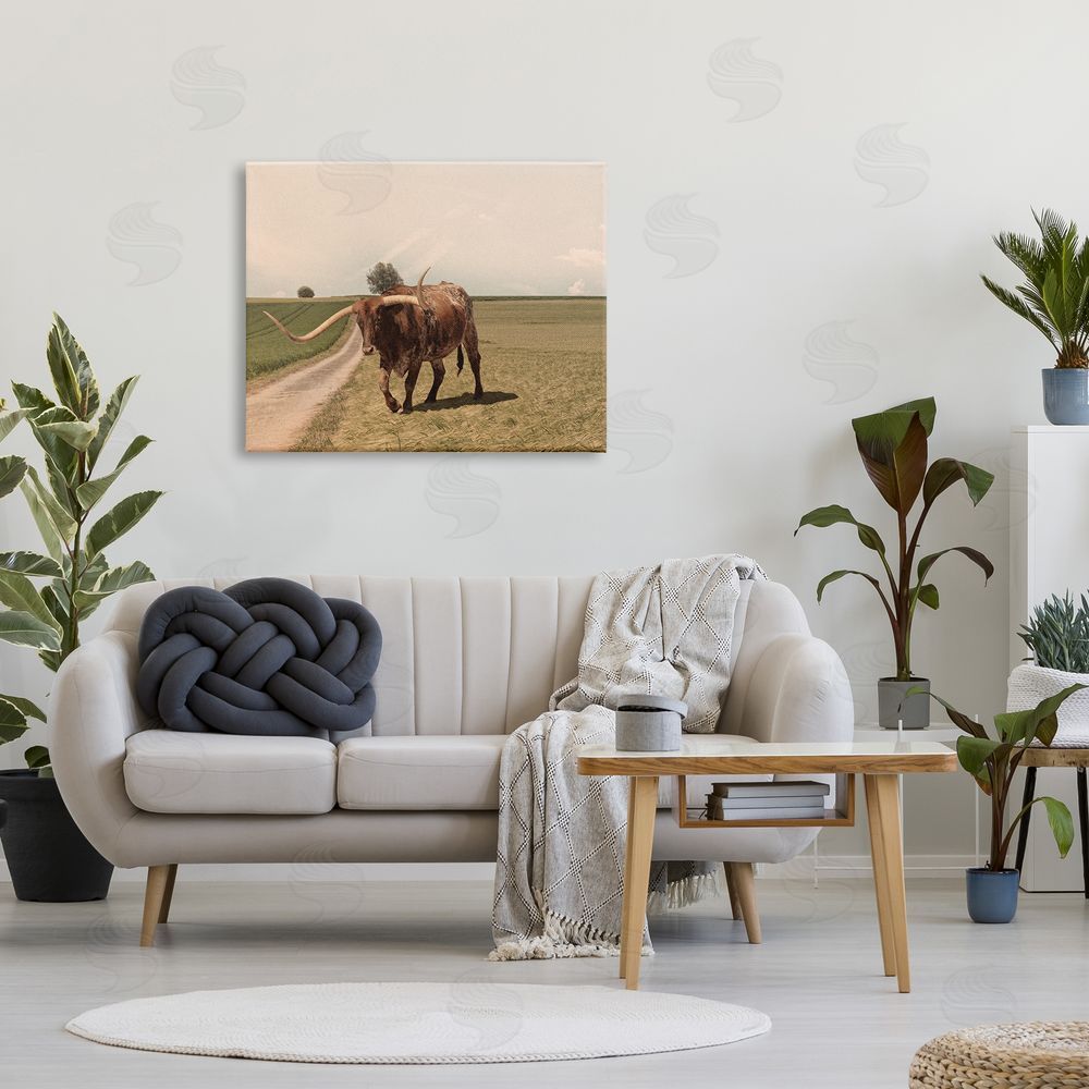 Marcus Prime Longhorn Cattle Grazing Scenic Countryside Landscape Canvas Wall Art Print in Room