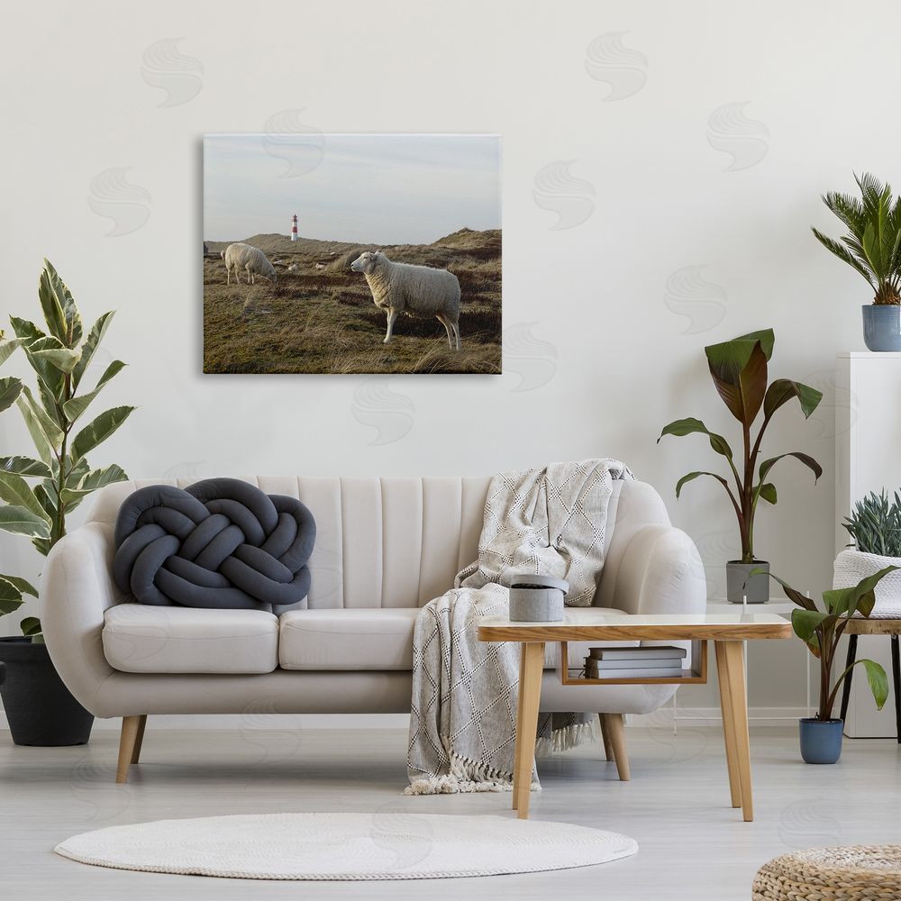 Stupell Studio Grazing Sheep Peaceful Grassland Hills Distant Lighthouse  Canvas Wall Art Print in Room