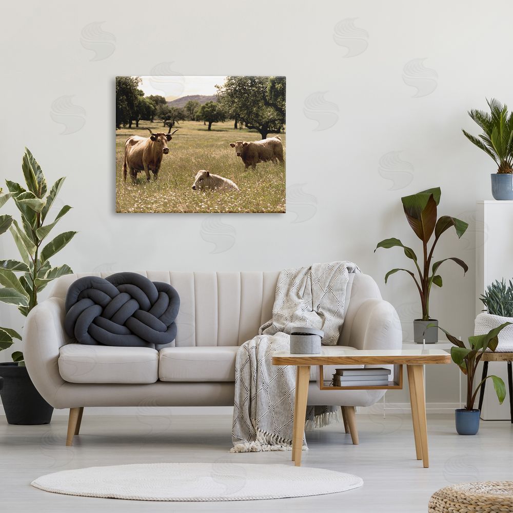 Stupell Studio Three Cattle Relaxing Grassland Pasture Rural Farm Trees Canvas Wall Art Print in Room