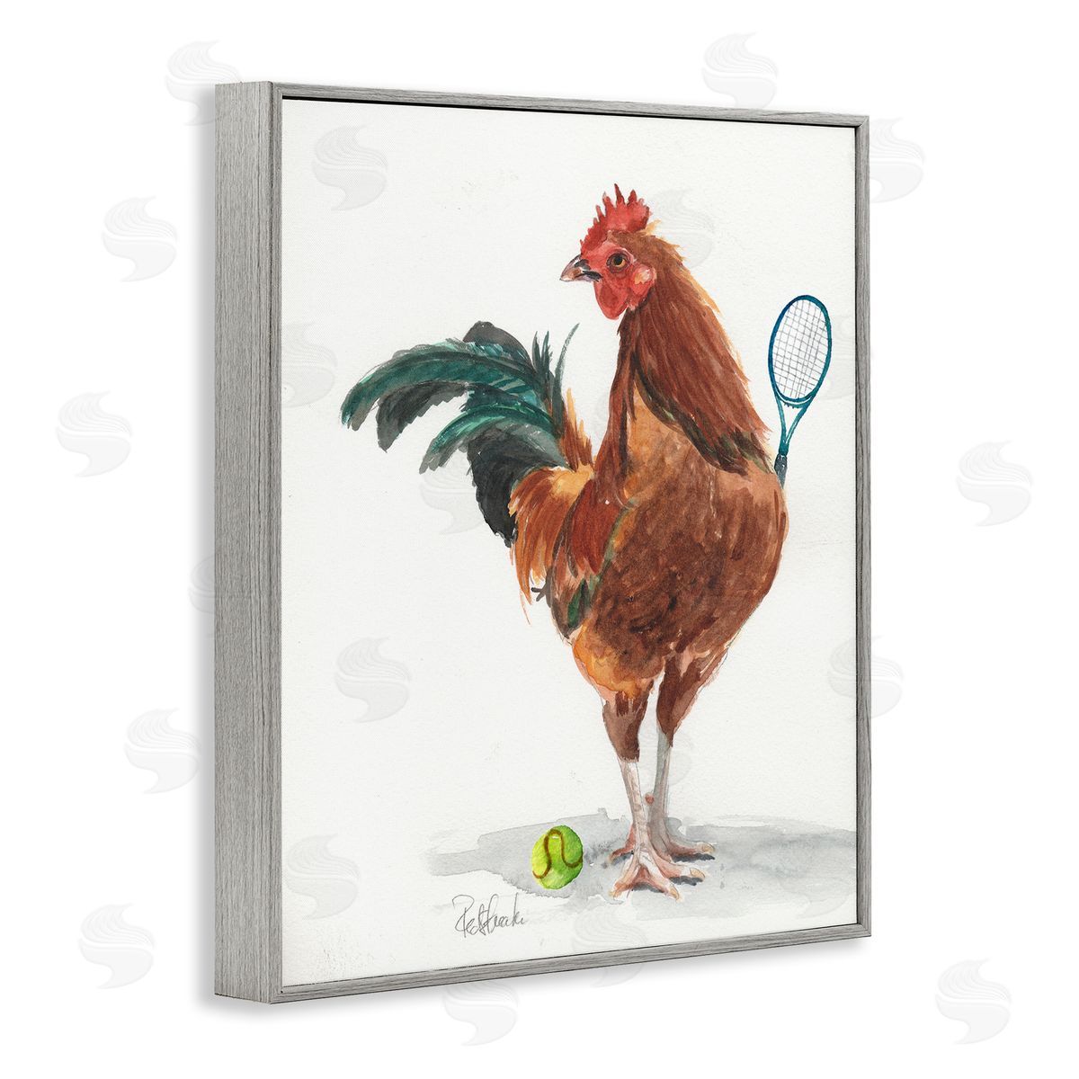 Jennifer Redstreake Chicken Hen Playing Tennis Athletic Farm Gray Framed Giclee Wall Art Print