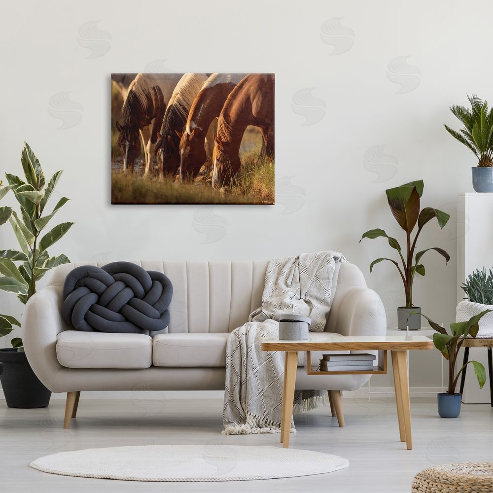 Jan Walters Sunlit Horses Drinking Water Wildlife Nature Scene Canvas Wall Art Print in Room