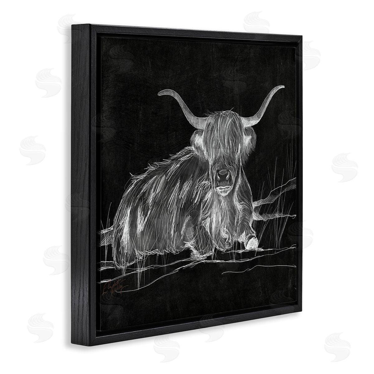 Elizabeth Medley Contemporary Highland Cattle Laying Negative Drawing Black Floating Frame Canvas Wall Art Print