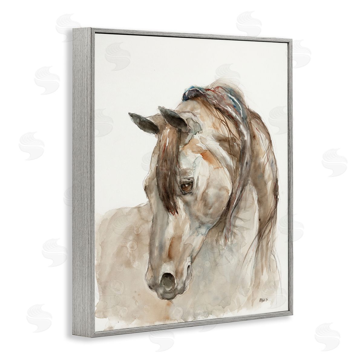 Patti Mann Gentle Horse Portrait Farm Watercolor Detail Gray Framed Giclee Wall Art Print