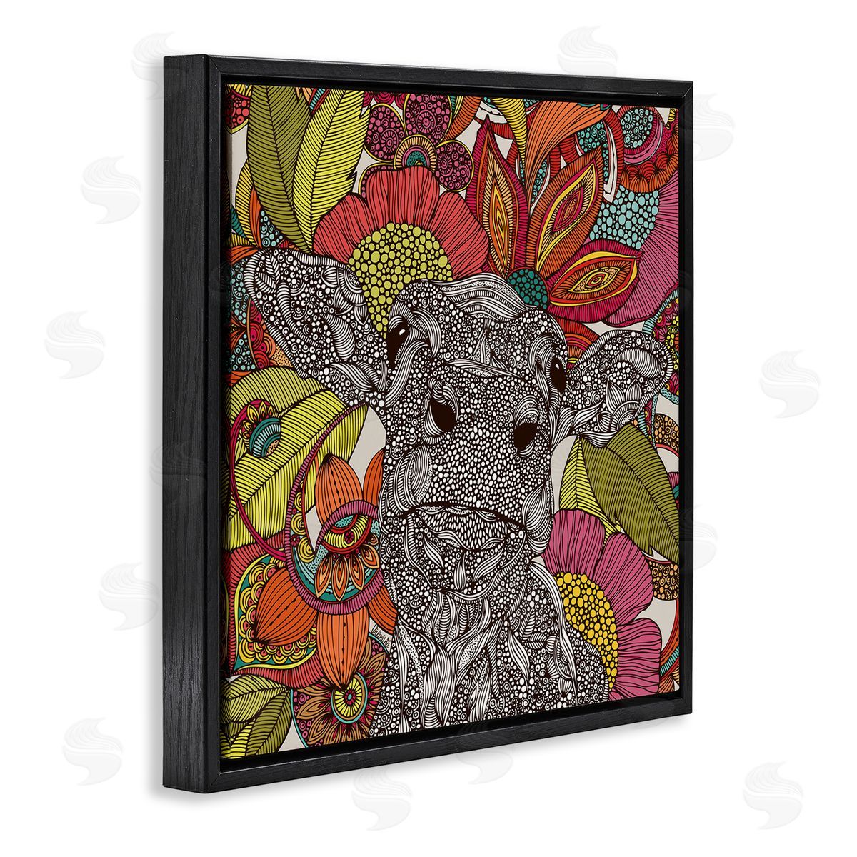 Valentina Harper Farm Cow Detailed Fractals Abstract Floral Blossoms Black Floating Frame Canvas Wall Art Print