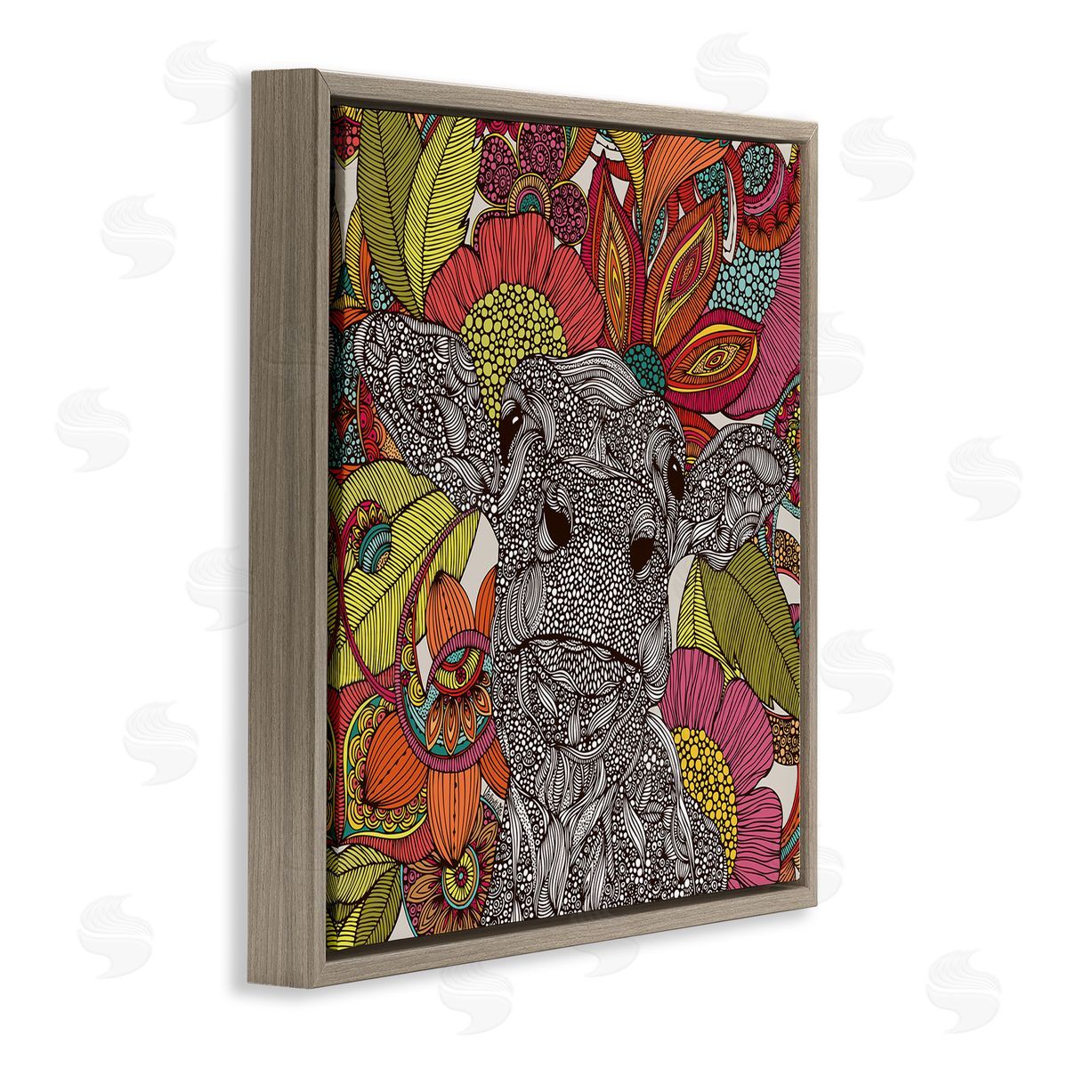 Valentina Harper Farm Cow Detailed Fractals Abstract Floral Blossoms Brown Floating Frame Canvas Wall Art Print