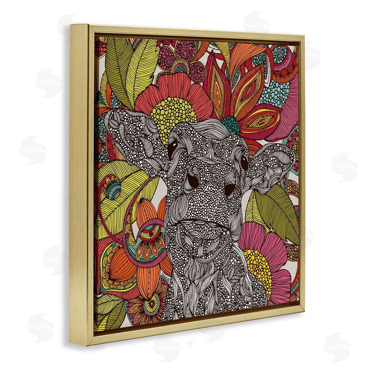 Valentina Harper Farm Cow Detailed Fractals Abstract Floral Blossoms Gold Floating Frame Canvas Wall Art Print