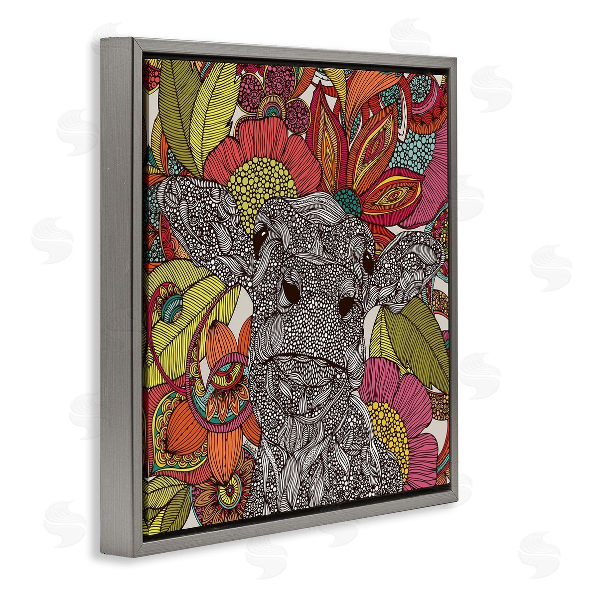 Valentina Harper Farm Cow Detailed Fractals Abstract Floral Blossoms Gray Floating Frame Canvas Wall Art Print