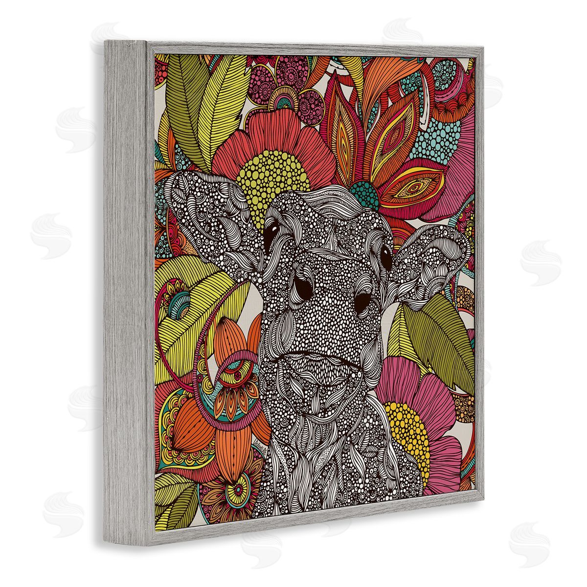 Valentina Harper Farm Cow Detailed Fractals Abstract Floral Blossoms Gray Framed Glicee Wall Art Print