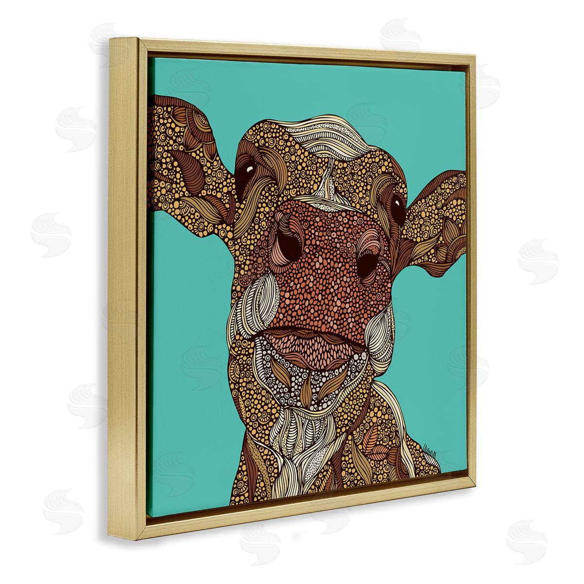 Valentina Harper Bold Calf Cow Intricate Inner Stripe Patterns Gold Floating Frame Canvas Wall Art Print