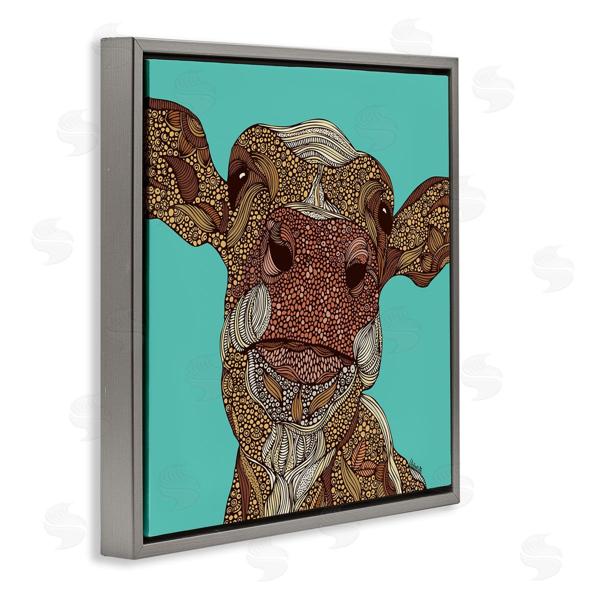 Valentina Harper Bold Calf Cow Intricate Inner Stripe Patterns Gray Floating Frame Canvas Wall Art Print