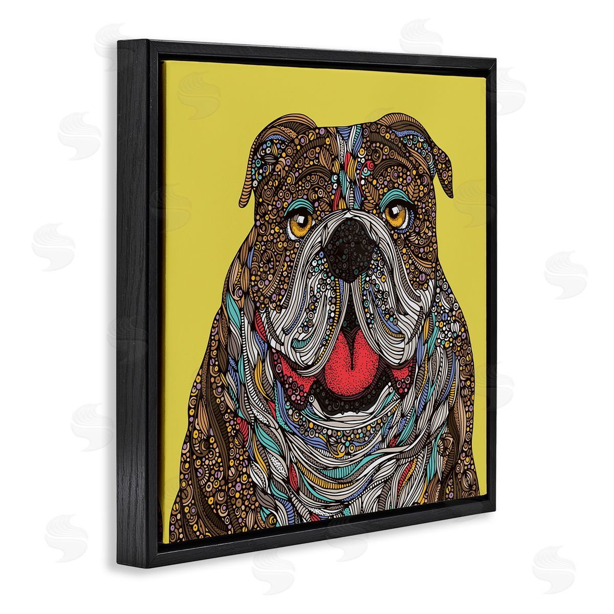 Valentina Harper Smiling Bulldog Bold Creative Mandala Patterns Shapes Black Floating Frame Canvas Wall Art Print