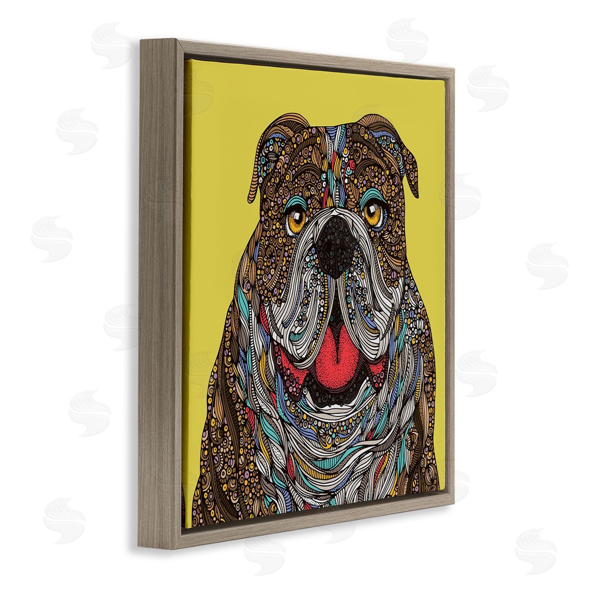 Valentina Harper Smiling Bulldog Bold Creative Mandala Patterns Shapes Brown Floating Frame Canvas Wall Art Print