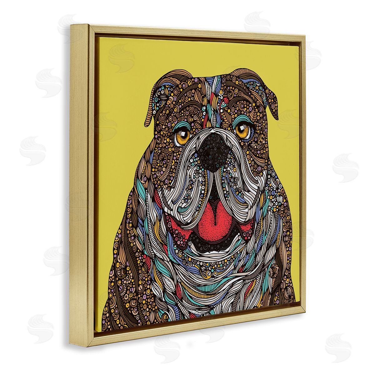 Valentina Harper Smiling Bulldog Bold Creative Mandala Patterns Shapes Gold Floating Frame Canvas Wall Art Print
