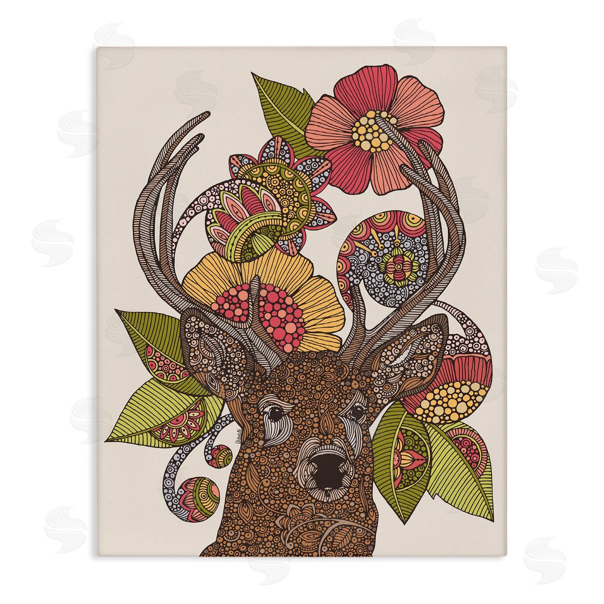 Valentina Harper Detailed Deer Wild Floral Blossoms Mandala Fractals  Stretched Canvas Wall Art Print