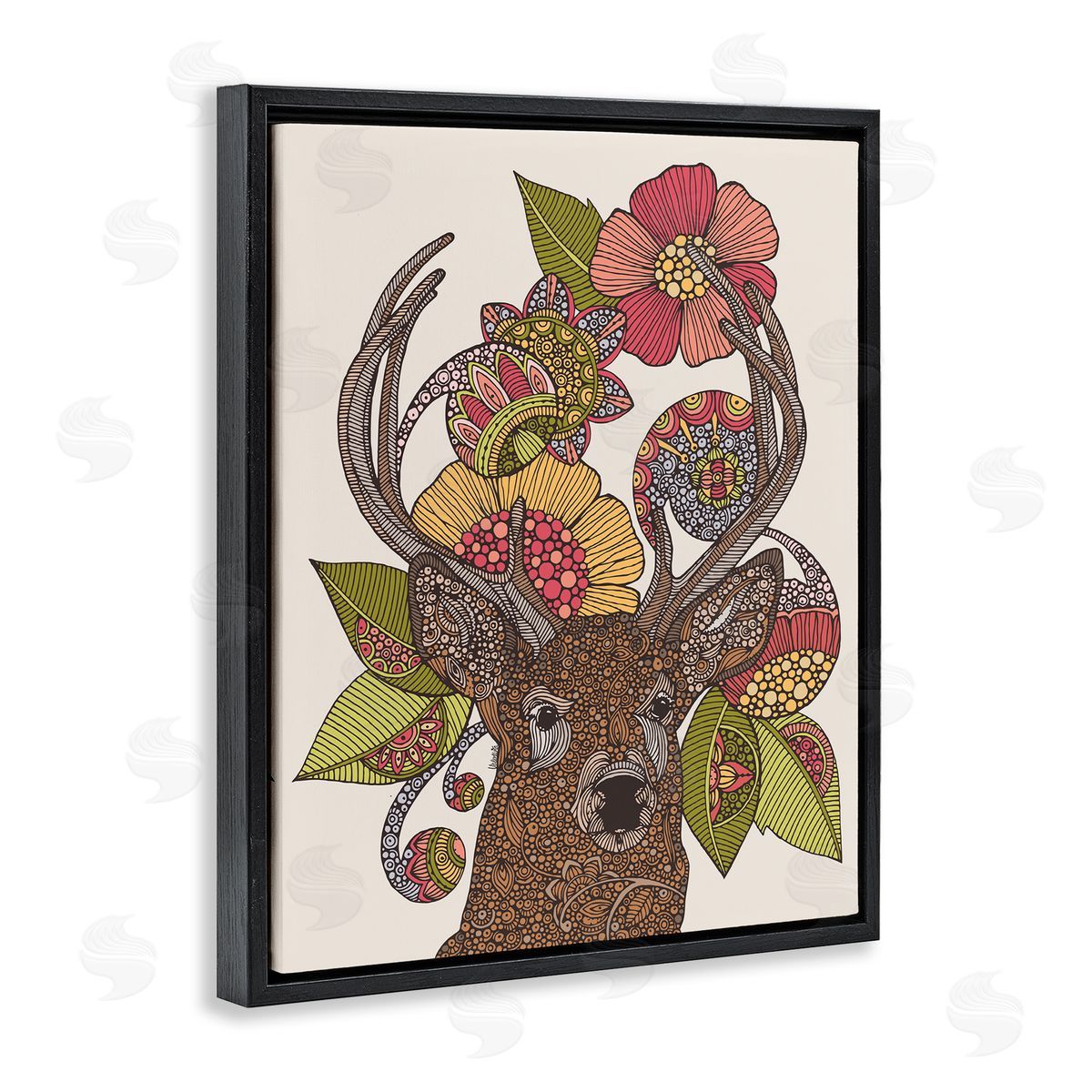 Valentina Harper Detailed Deer Wild Floral Blossoms Mandala Fractals  Black Floating Frame Canvas Wall Art Print
