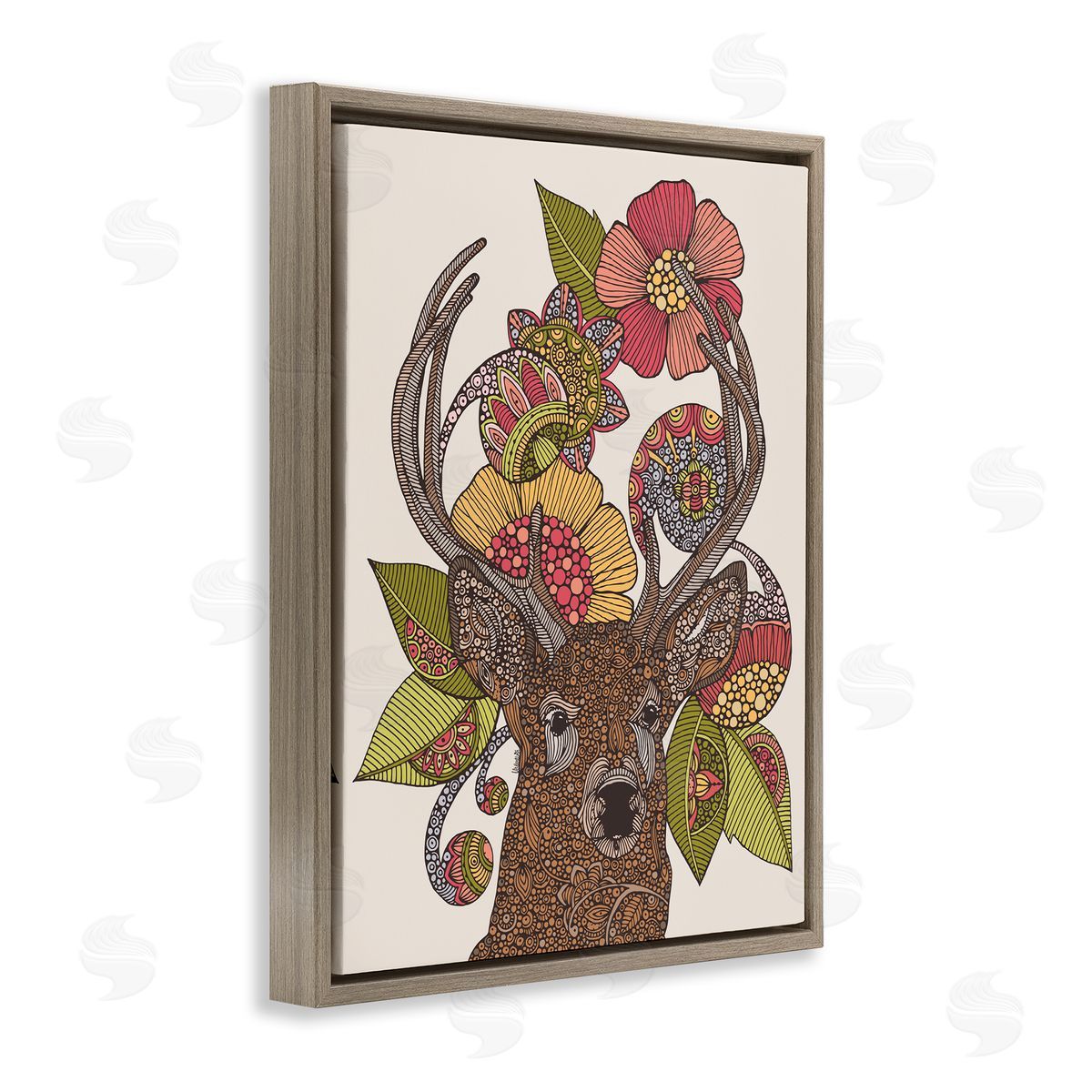 Valentina Harper Detailed Deer Wild Floral Blossoms Mandala Fractals  Brown Floating Frame Canvas Wall Art Print