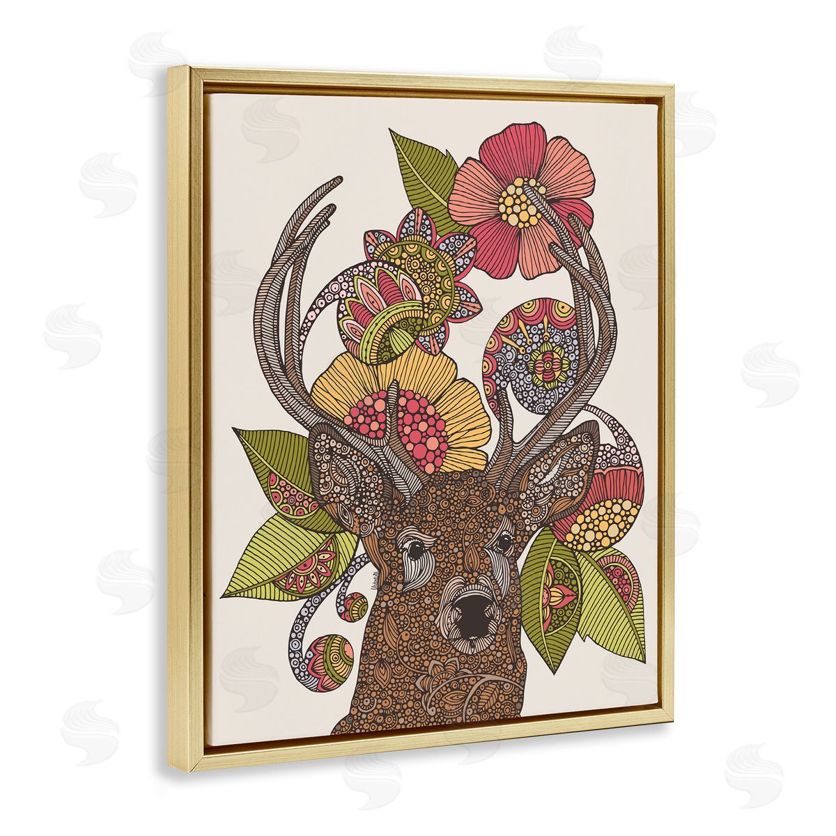 Valentina Harper Detailed Deer Wild Floral Blossoms Mandala Fractals  Gold Floating Frame Canvas Wall Art Print