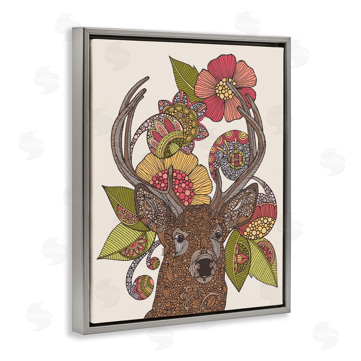 Valentina Harper Detailed Deer Wild Floral Blossoms Mandala Fractals  Gray Floating Frame Canvas Wall Art Print